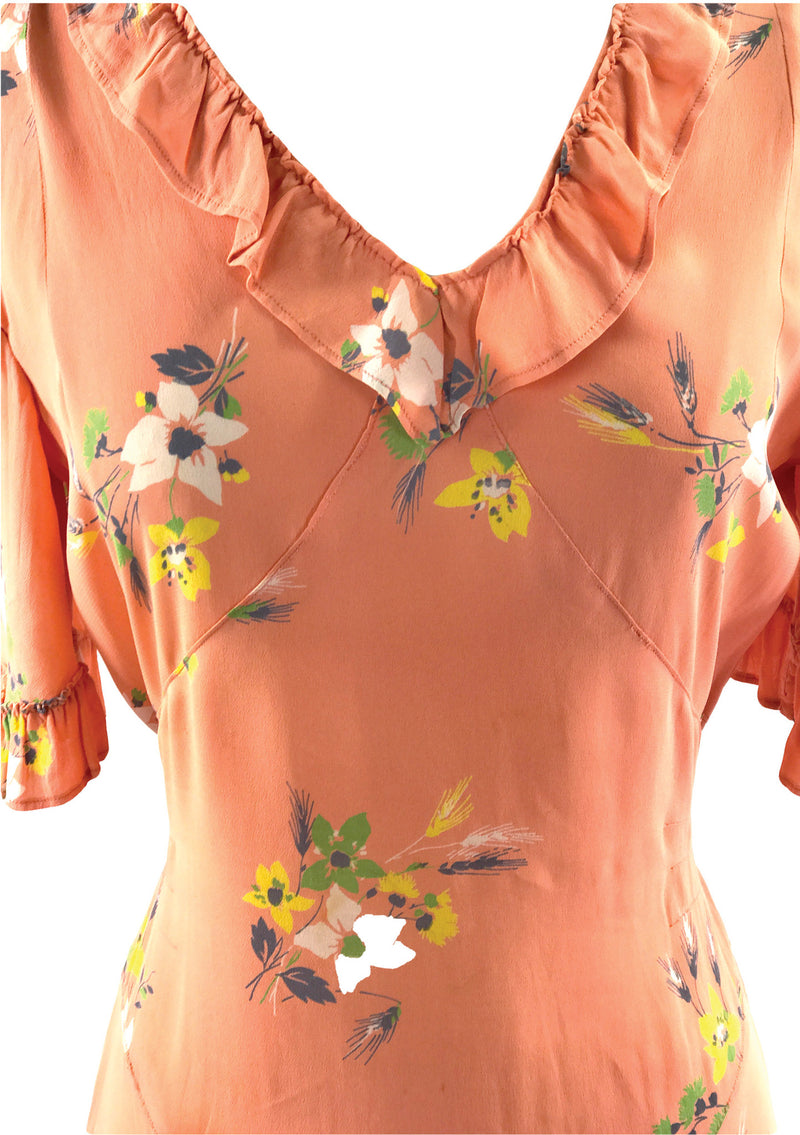 Lovely Vintage 1930s Orange Floral Crepe Day Dress - New!