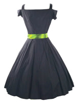 1950s Black Cotton Dress with 3D Felt Flowers- New!