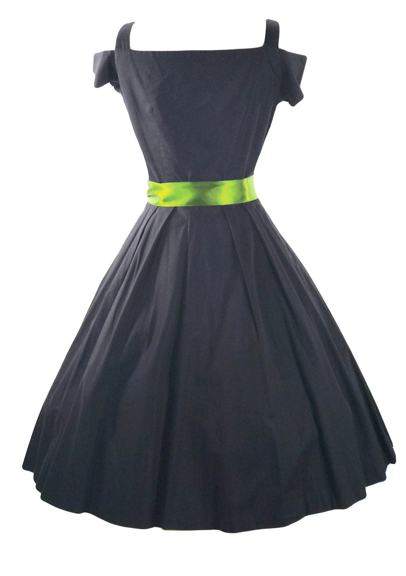 1950s Black Cotton Dress with 3D Felt Flowers- New!