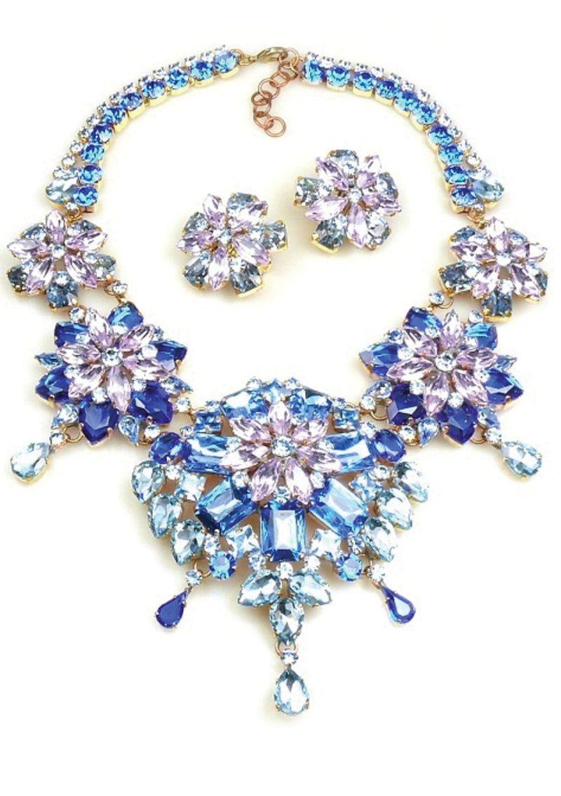 Blue Sapphire Glass Necklace & Earrings Set - New