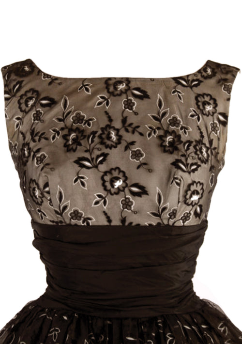 Gorgeous 1950s Black & Bronze Flocked Party Dress - New!