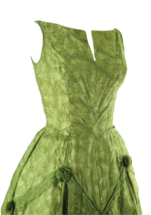 Vintage 1950s Moss Green Embroidered Party Dress