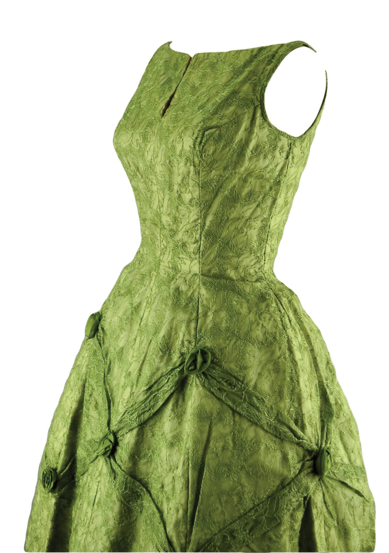 Vintage 1950s Moss Green Embroidered Party Dress