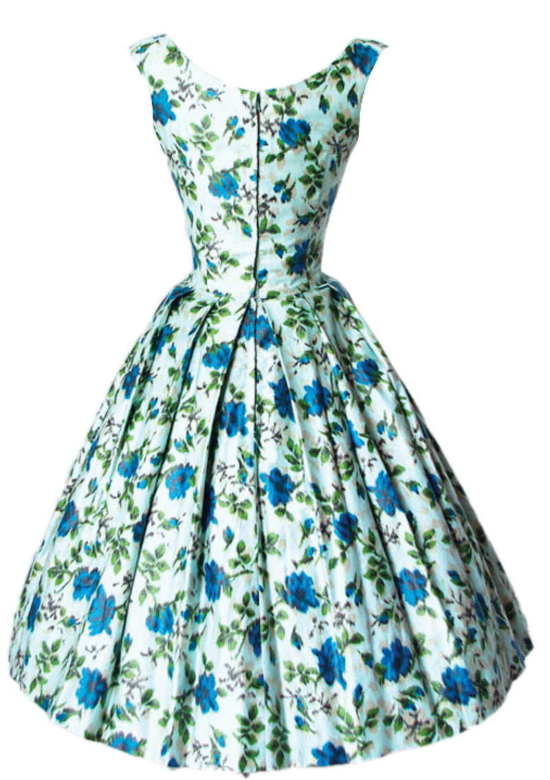 Vintage 1950s Blue Roses Polished Cotton Dress- New!