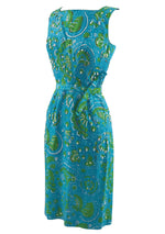 Vintage 1950s Blue Swirl Cotton Dress with Beads- New!