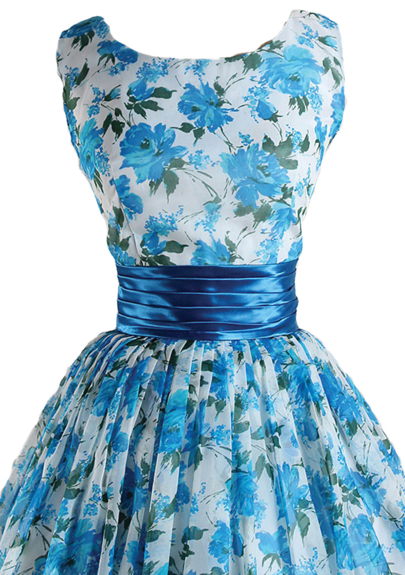 1950s Blue Roses Chiffon Party Dress - New!