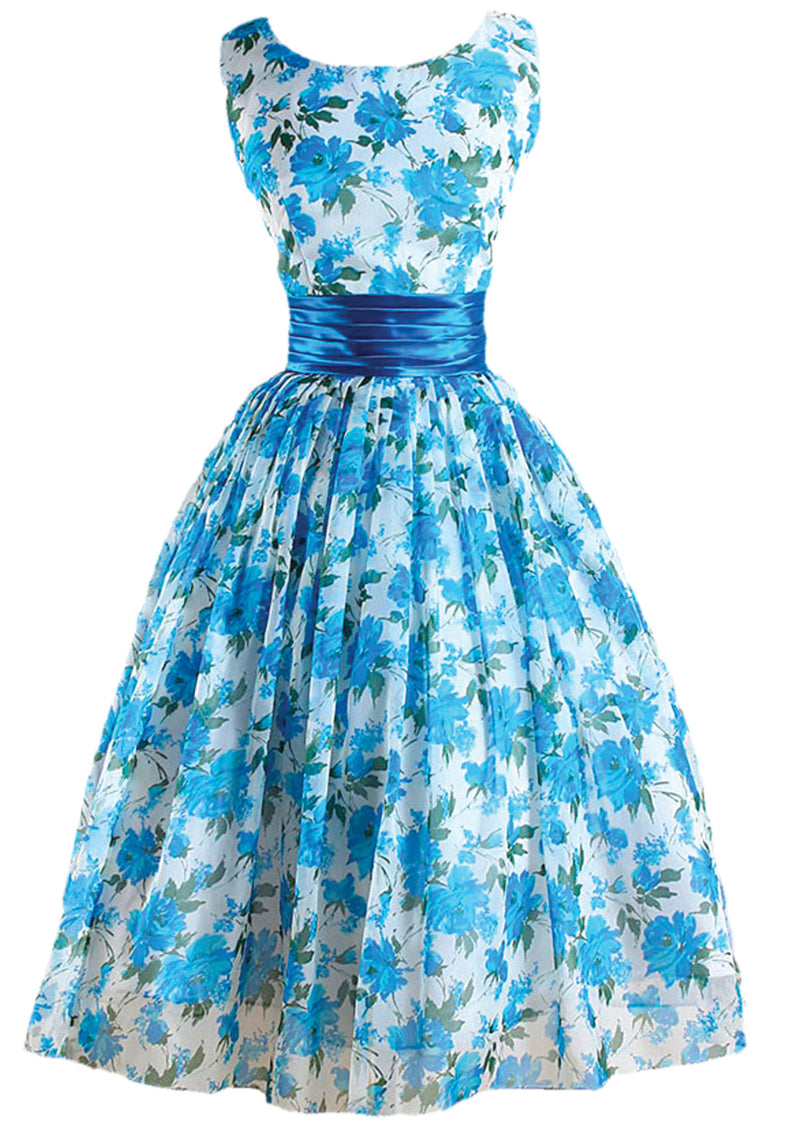 1950s Blue Roses Chiffon Party Dress - New!