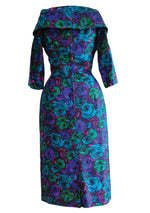 Vintage 1950s Blue Floral Silk Sheath Day Dress - New!