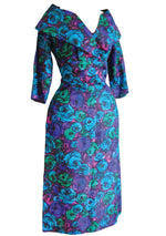 Vintage 1950s Blue Floral Silk Sheath Day Dress - New!