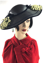 Vintage Late 1940s Black Straw Moulded Elongated Platter Hat - New!