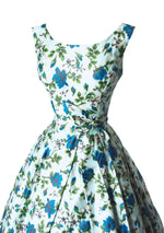 Vintage 1950s Blue Roses Polished Cotton Dress- New!