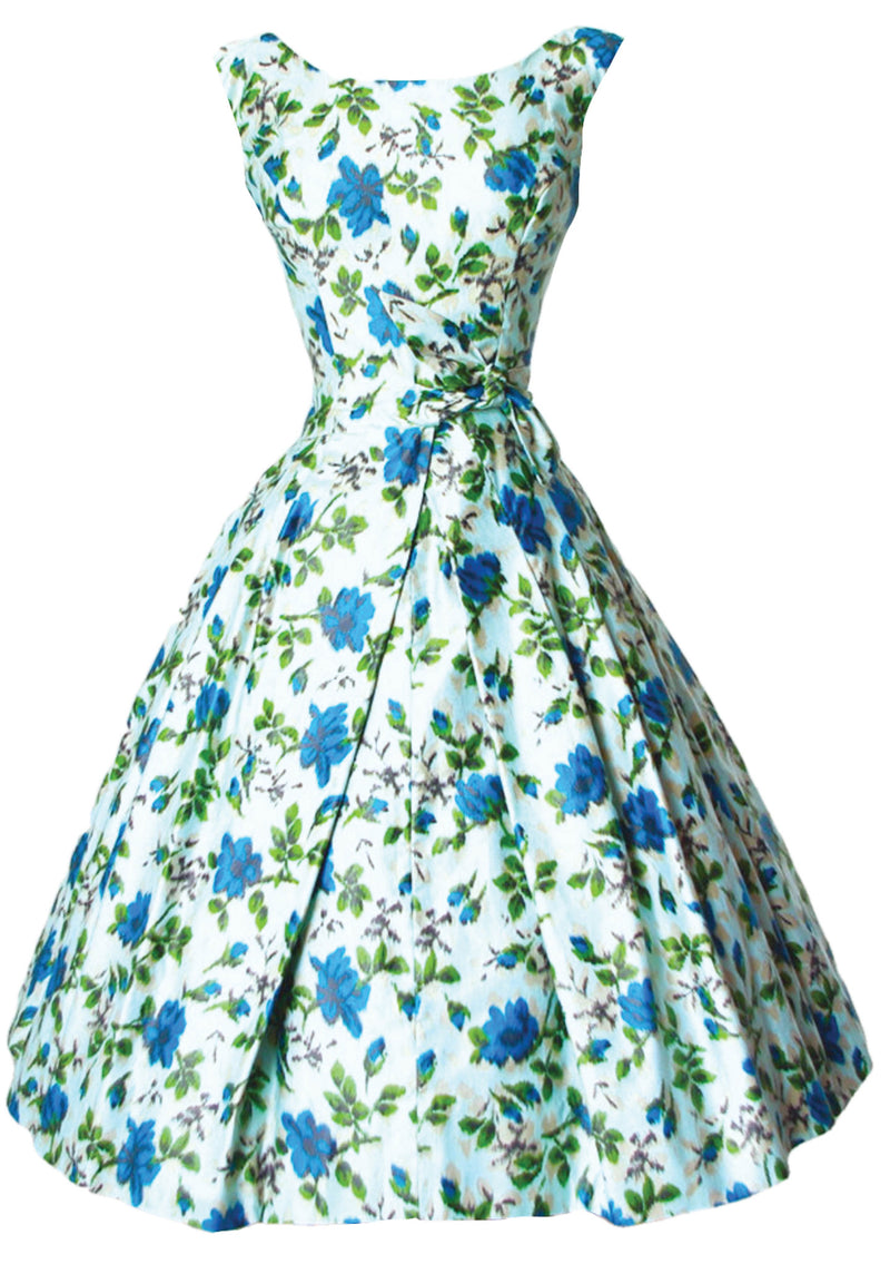 Vintage 1950s Blue Roses Polished Cotton Dress- New!