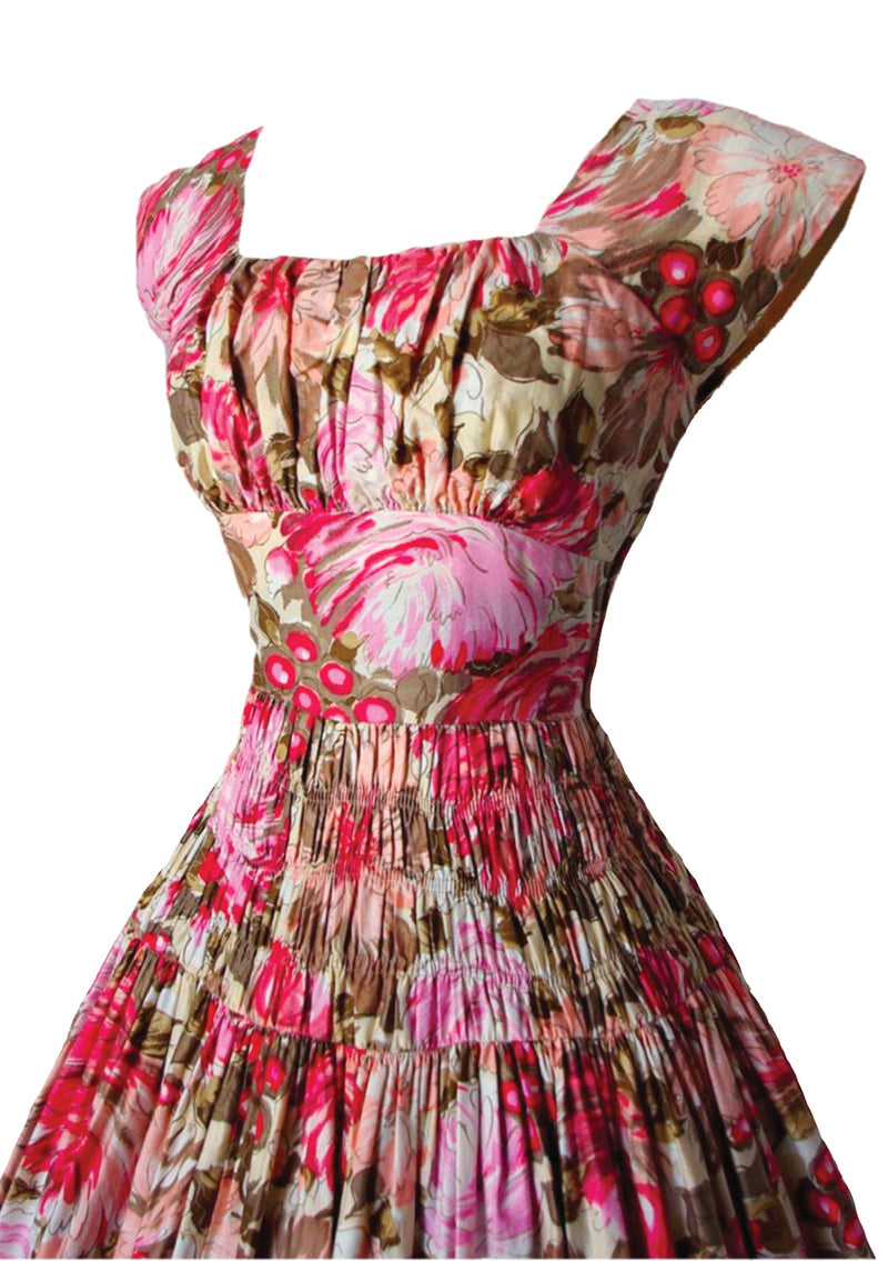 Vintage 1950s Pink Floral Polished Cotton Day Dress