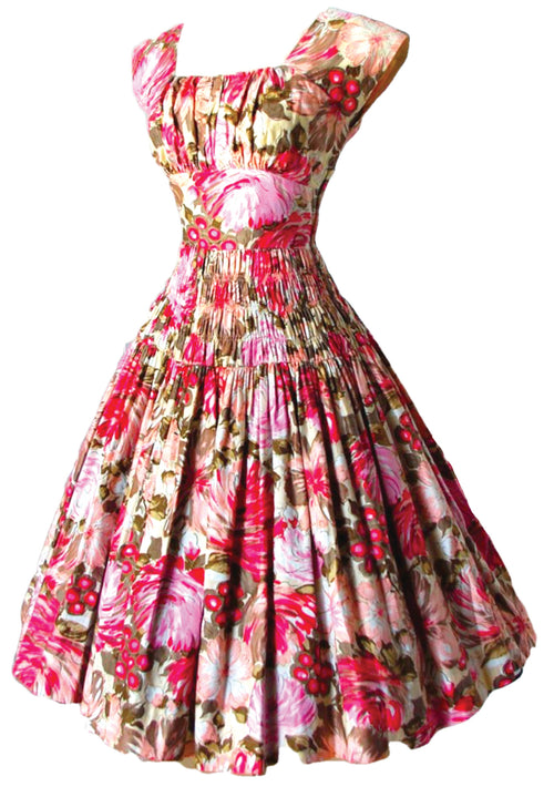 Vintage 1950s Pink Floral Polished Cotton Day Dress