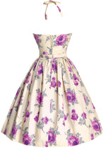 Vintage 1950s Purple Roses & Cream Cotton Day Dress