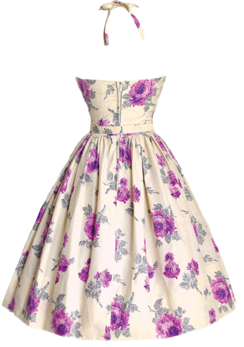 Vintage 1950s Purple Roses & Cream Cotton Day Dress