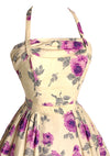 Vintage 1950s Purple Roses & Cream Cotton Day Dress