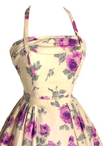 Vintage 1950s Purple Roses & Cream Cotton Day Dress