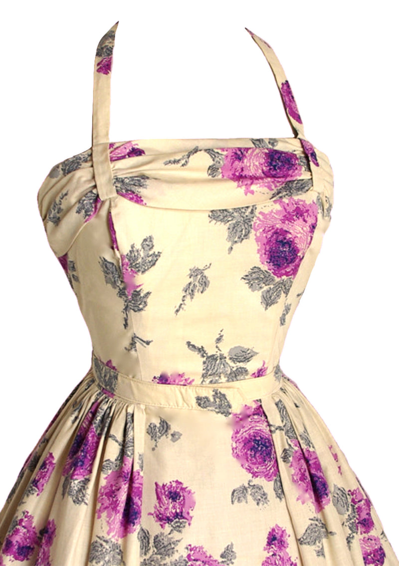 Vintage 1950s Purple Roses & Cream Cotton Day Dress