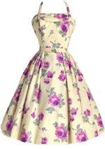 Vintage 1950s Purple Roses & Cream Cotton Day Dress