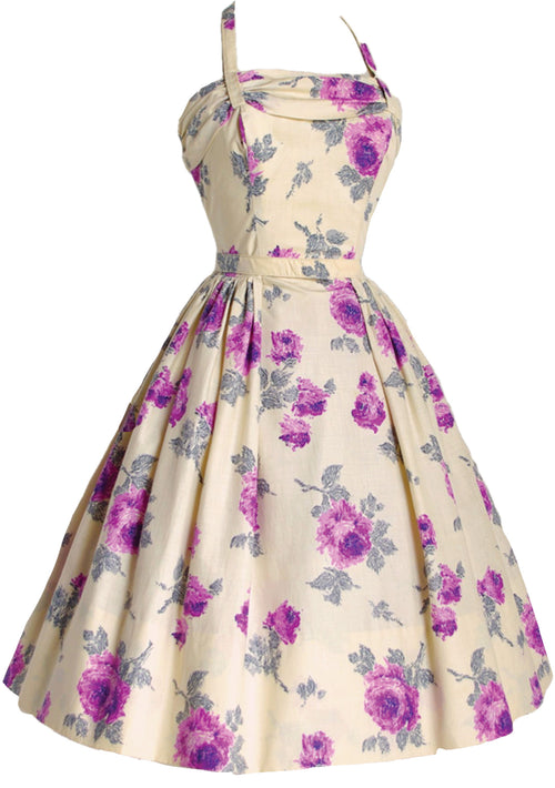 Vintage 1950s Purple Roses & Cream Cotton Day Dress