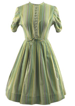 Vintage Early 1960's Sage Green Striped Cotton Day Dress - New!