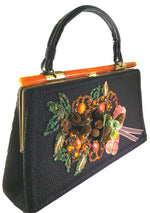 Vintage 1950s Black Wool Applique Handbag with Lucite - New!