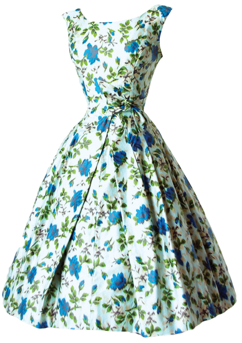 Vintage 1950s Blue Roses Polished Cotton Dress- New!