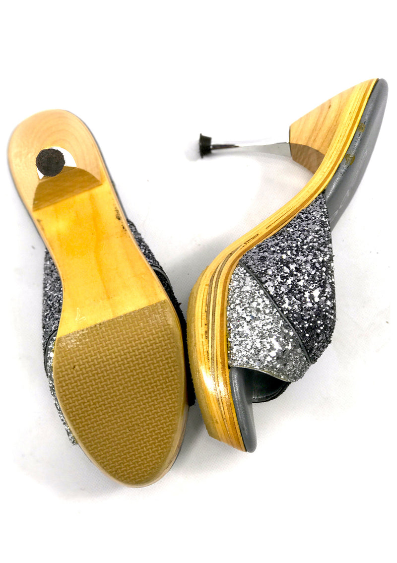 Vintage 1980s Silver and Black Glitter Polly Style Shoes - New!