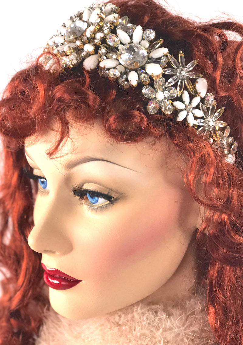 Czech Clear Crystal & White Opaline Glass Headband - New!