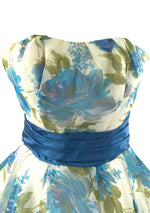 1950s Blue Rose Print Chiffon Party Dress - New!