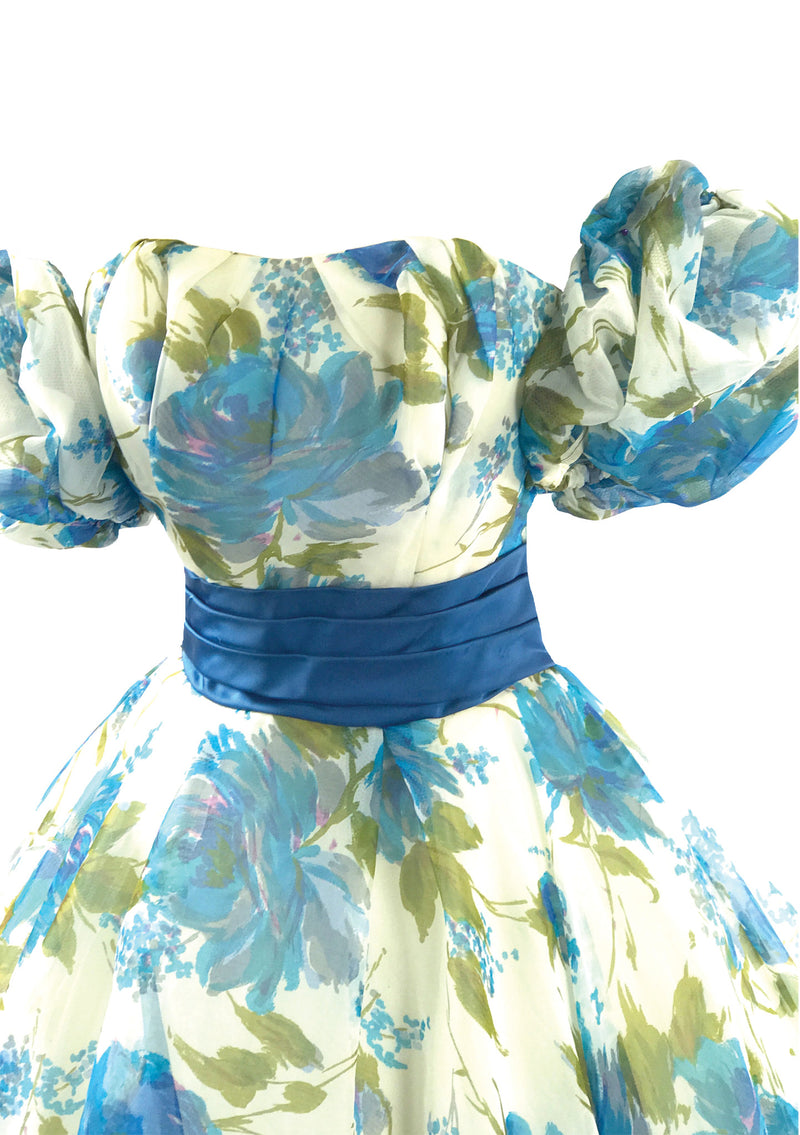 1950s Blue Rose Print Chiffon Party Dress - New!