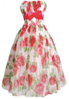 Vintage 1950s Bright Pink Cabbage Roses Party Dress