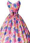 Vibrant 1950s Abstract Pink & Blue Roses Cotton Dress - New!