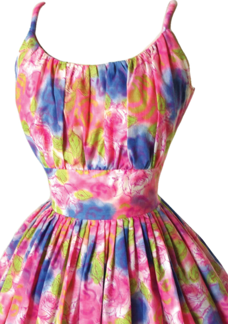 Vibrant 1950s Abstract Pink & Blue Roses Cotton Dress - New!