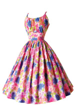 Vibrant 1950s Abstract Pink & Blue Roses Cotton Dress - New!