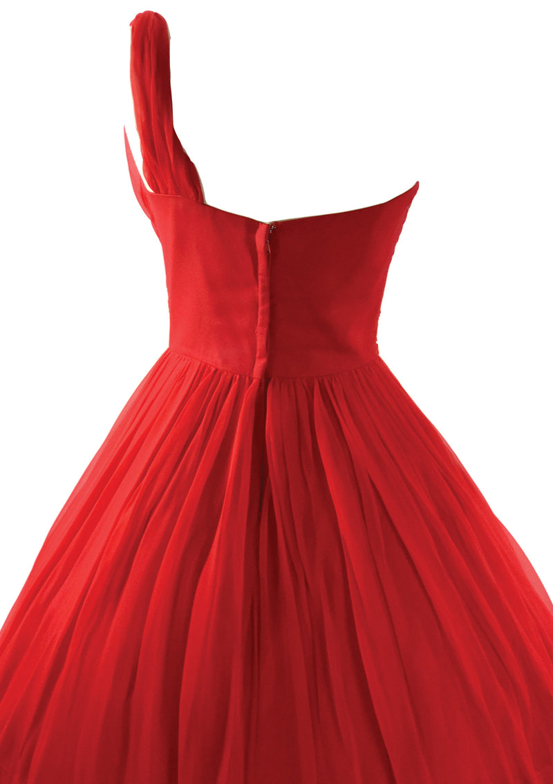 1950s Red Draped Silk Chiffon Party Dress - New!