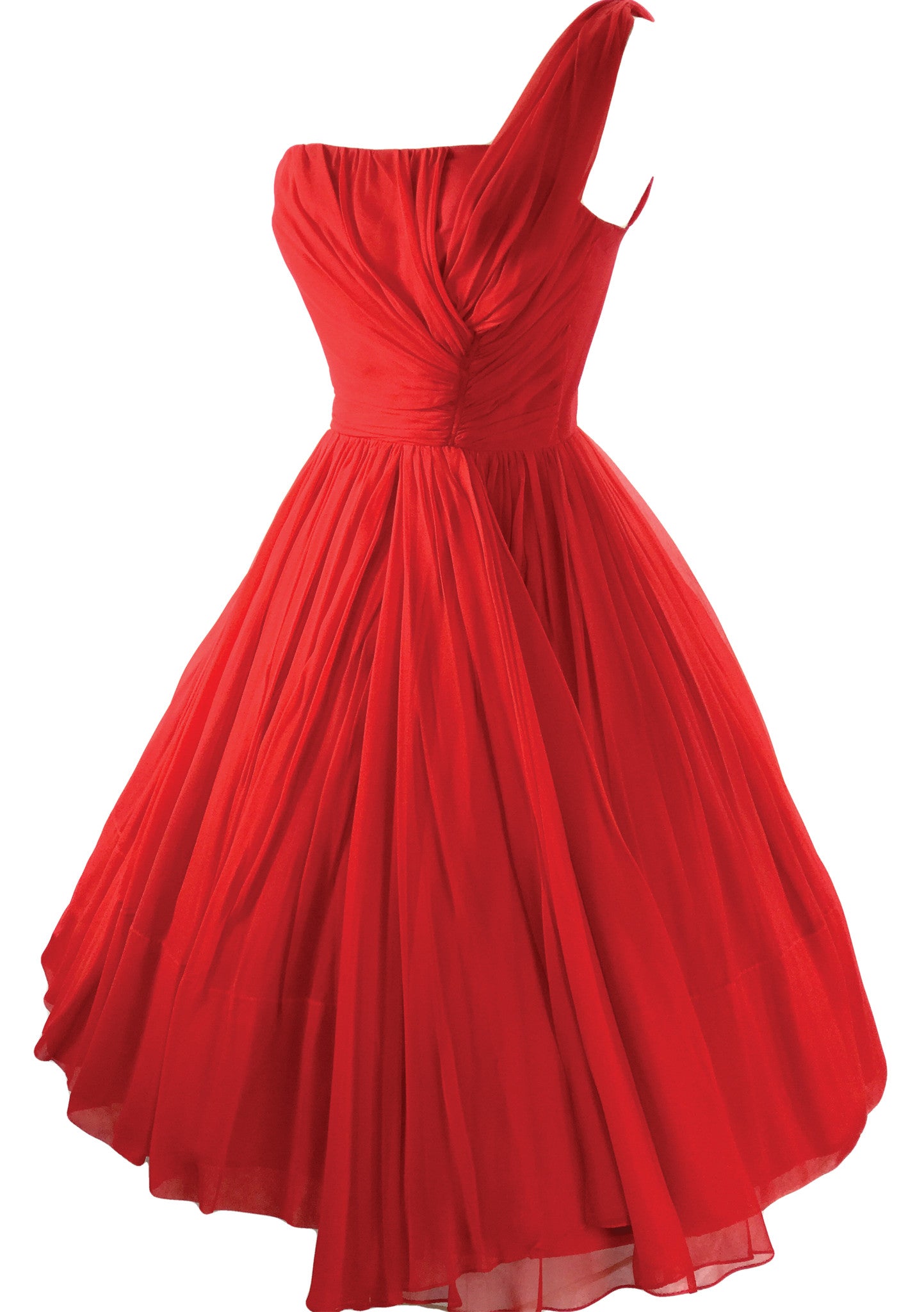 1950s Red Draped Silk Chiffon Party Dress New Coutura Vintage