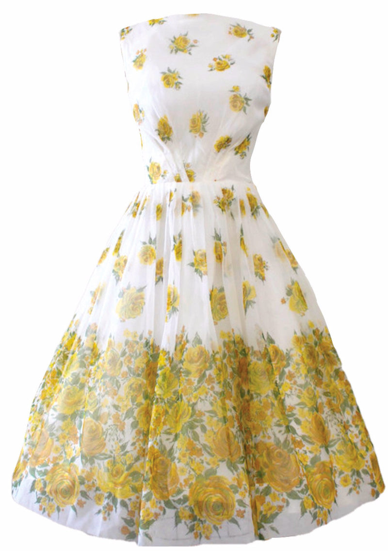 Late 1950s- Early 1960s Yellow Roses Chiffon Party Dress - New!
