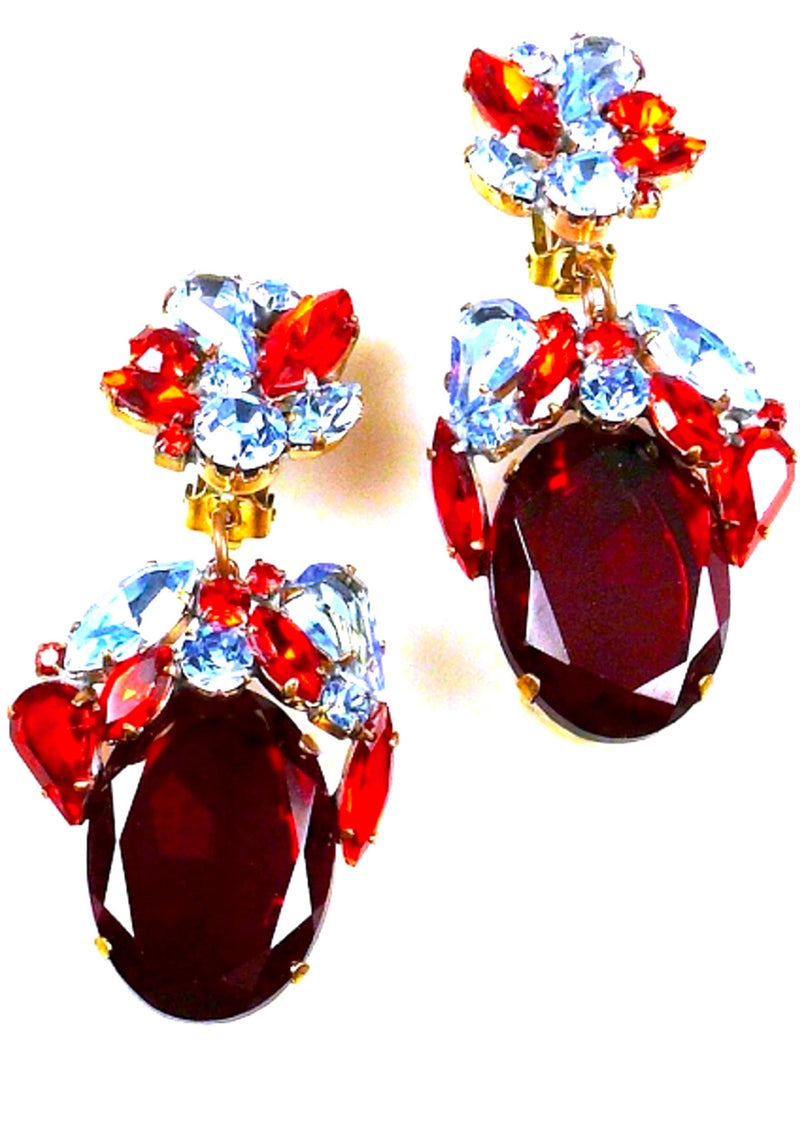 Lovely Czech Ruby Red and Blue Sapphire Crystal Earrings - New!
