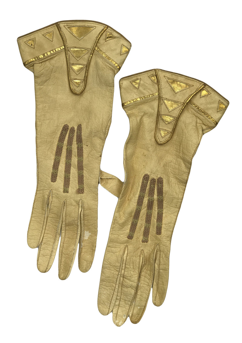Rare Antique 1920s Gold Gauntlet Kid Gloves with Gilt Trim