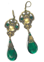 Vintage 1920s Emerald Green and Gilt Glass Earrings