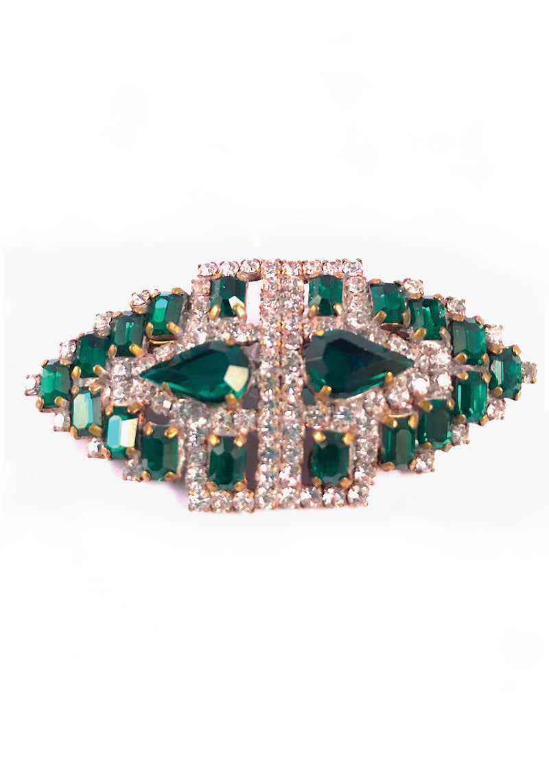 Deco Style Emerald and Clear Crystal Brooch - Sold