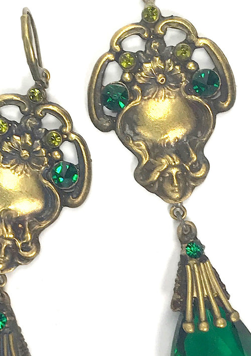 Vintage 1920s Emerald Green and Gilt Glass Earrings