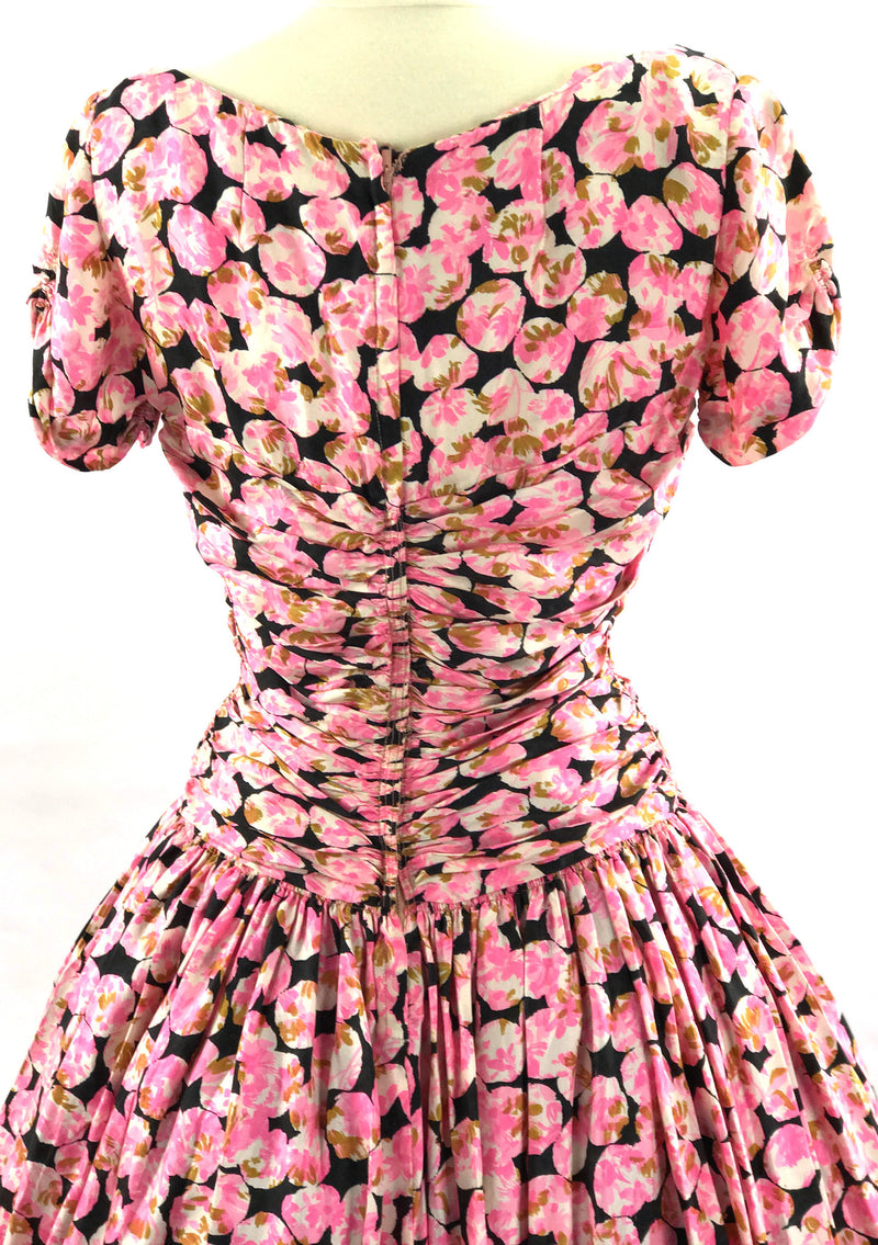 Vintage 1950s Pink and Black Rose Floral Silk Day Dress - New!