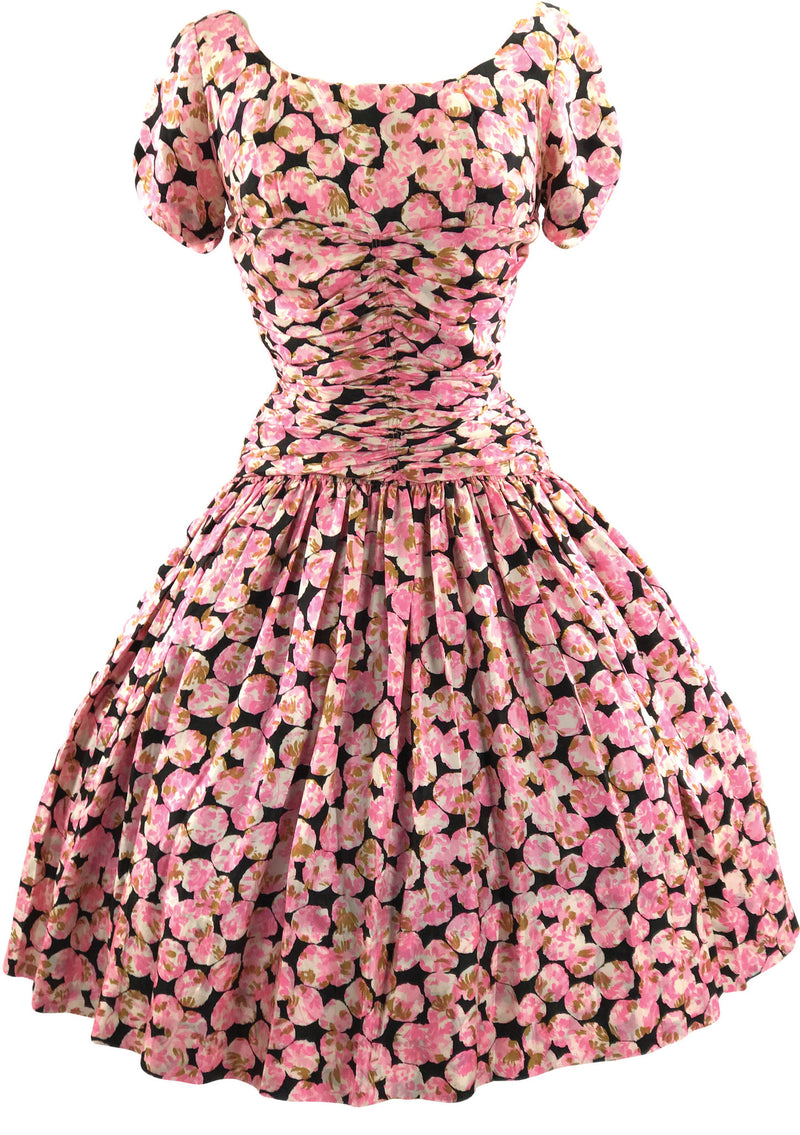 Vintage 1950s Pink and Black Rose Floral Silk Day Dress - New!