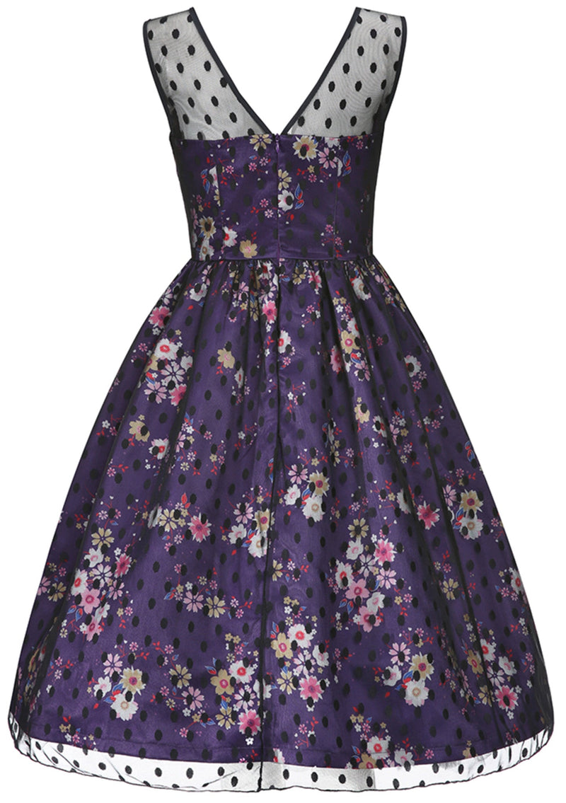 Recreation of 1950s Purple Floral & Black Net Party Dress - New!