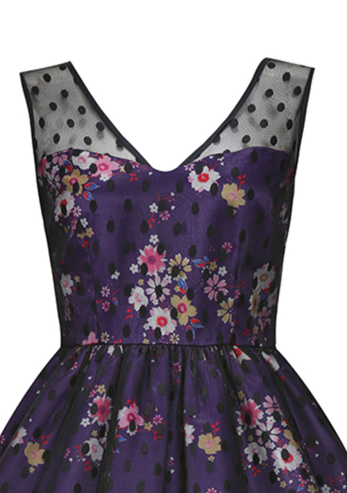 Recreation of 1950s Purple Floral & Black Net Party Dress - New!