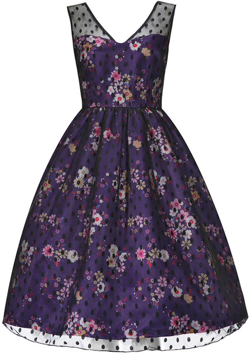 Recreation of 1950s Purple Floral & Black Net Party Dress - New!