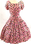 Vintage 1950s Pink and Black Rose Floral Silk Day Dress - New!